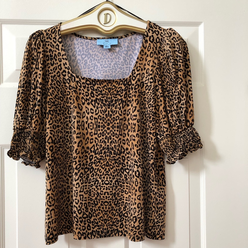 CeCe Leopard Print Top w/Square Neckline & Elastic Smocking At Bottom Of Sleeves